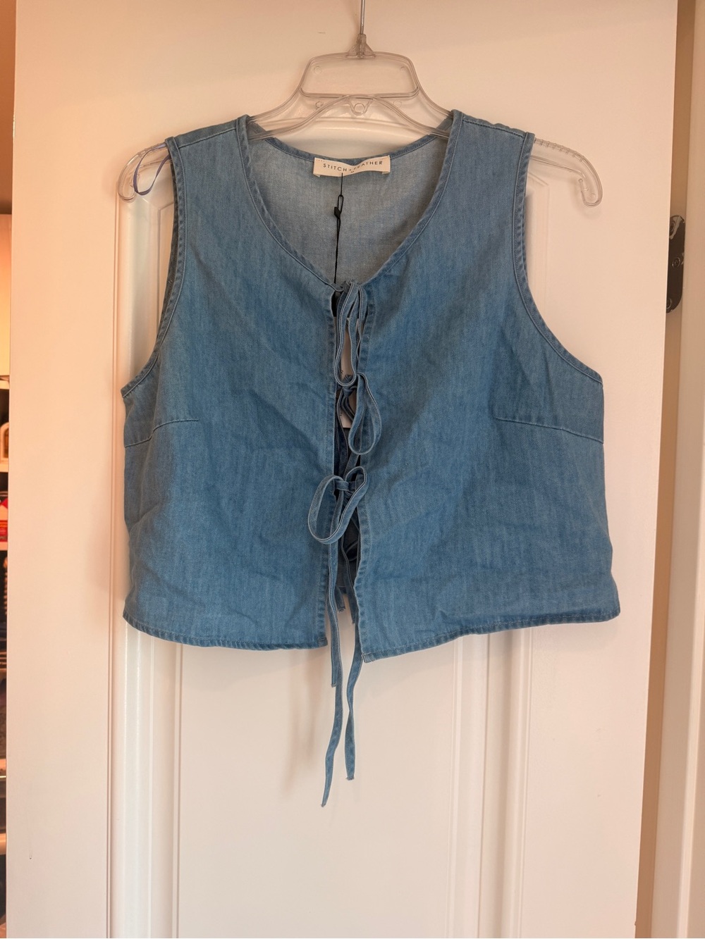 NWT Stitch & Feather Blue Denim Tie-Front Top